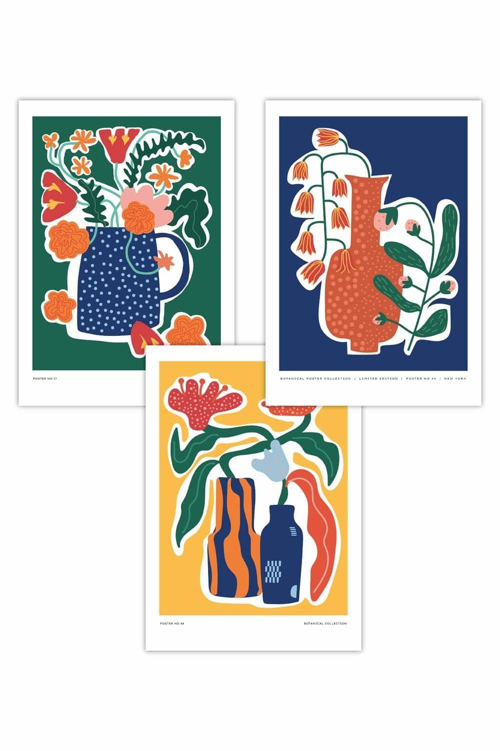 Set of 3 Artisan Flower Market in Blue, Yellow and Green Art Posters
